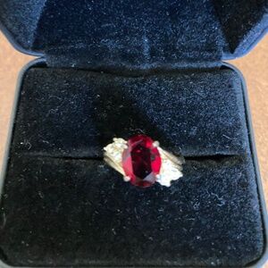Red Stone and Cubic Zirconia Gold Plated Cocktail Ring, size 5